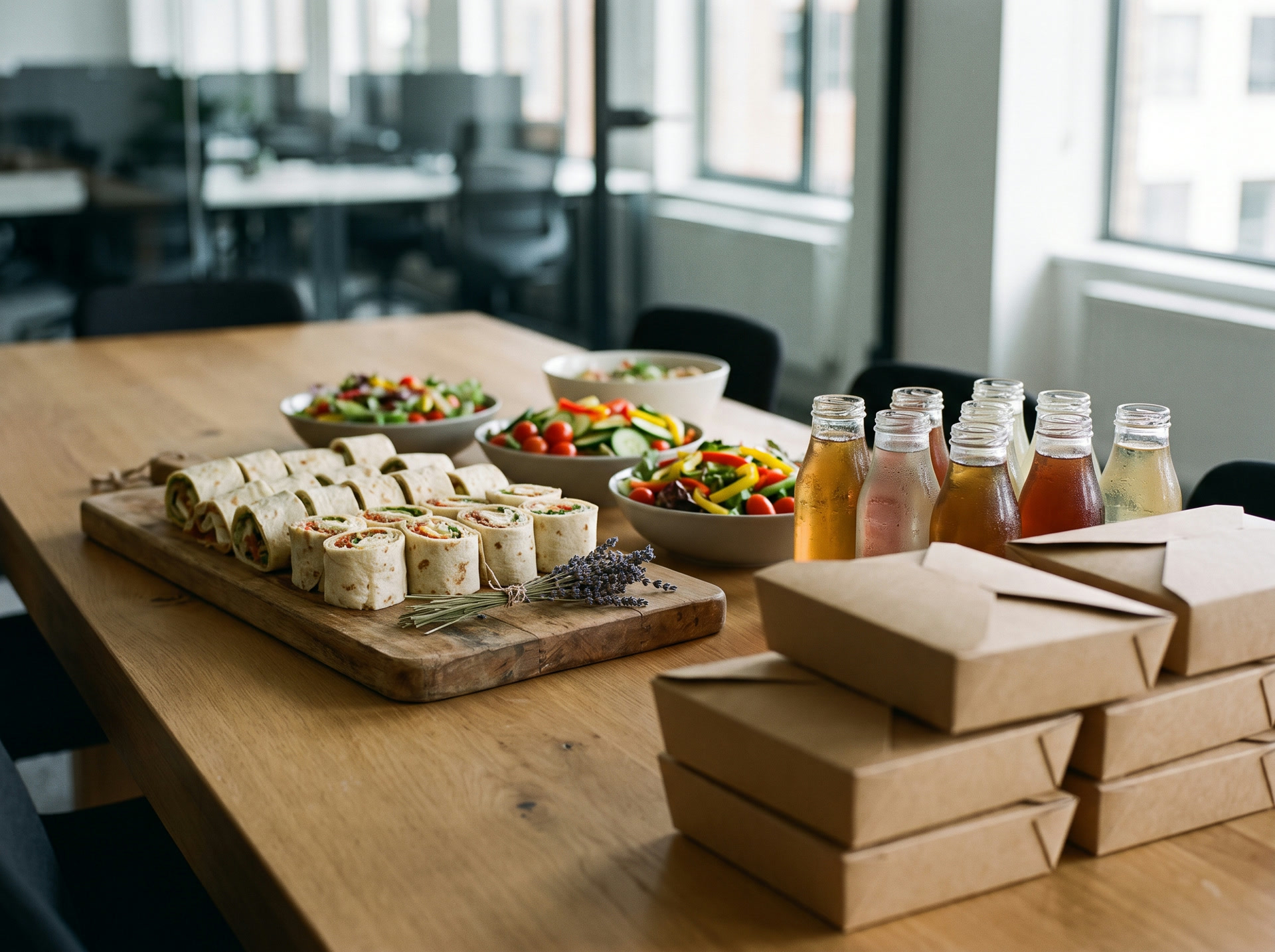 A catered office lunch spread with labeled dishes