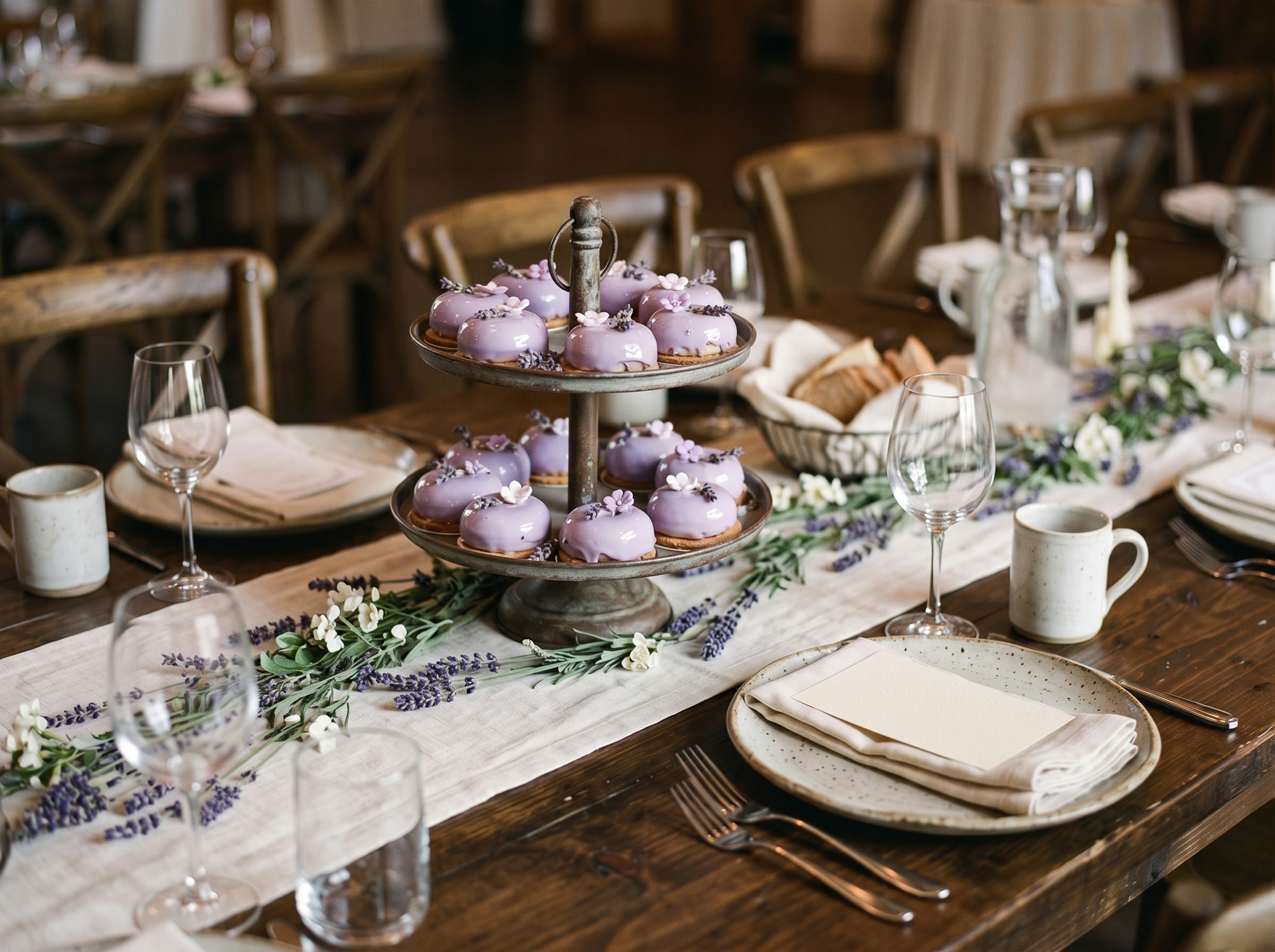 A wedding reception table with plated dinners and florals